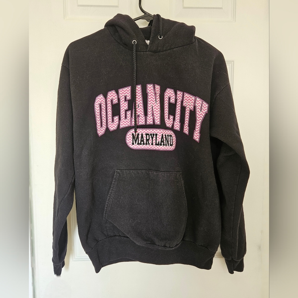 "Ocean City" Black Hoodie with Pink Print Size M